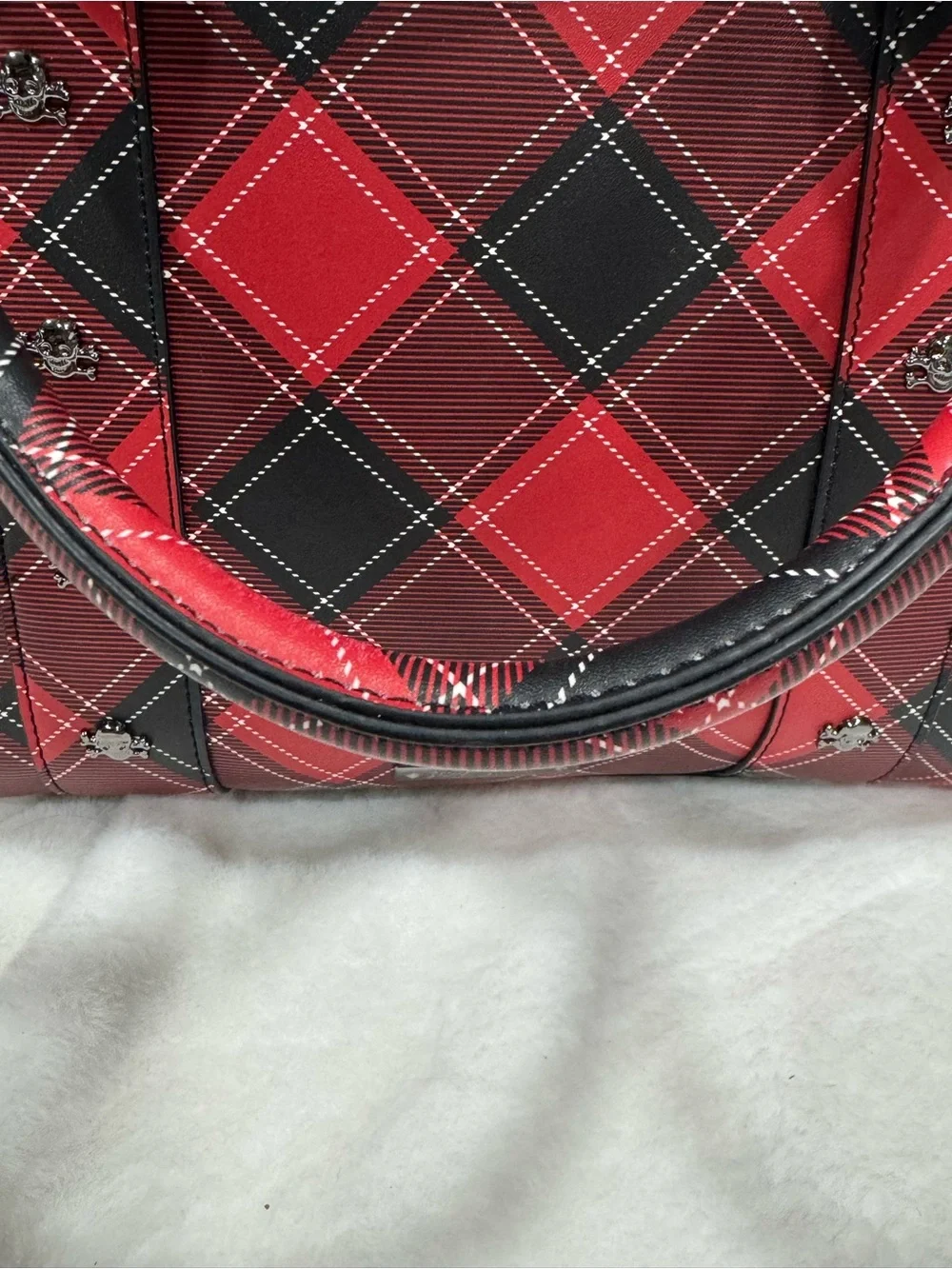 Betsey Johnson Red Plaid Tote Bag with Skull Accent and Black Fur Charm